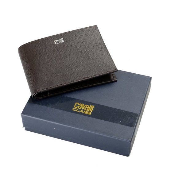 Cavalli Class Men's Dark Brown Logo Print Textured Leather Bifold Wallet - Picture 6 of 6